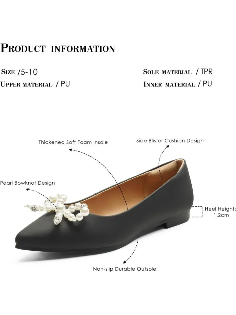 FUNKYMONKEY Women's Black Faux Leather Pointed Toe Slip On Ballet Low Heel Flats